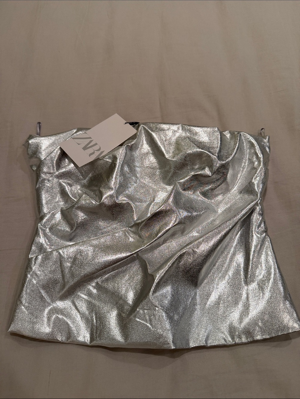 Zara Metallic Silver Strapless Top